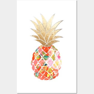 Aloha pineapple, coral orange + faux gold Posters and Art
